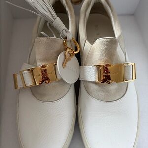 Buscemi White Leather & Cream Suede Slip-On Loafers with Gold Buckle
